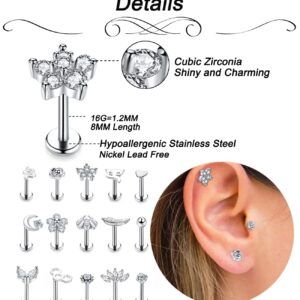 NICEIGHT 15PCS 16G 316L Stainless Steel Cartilage Earring Stud Internal Thread CZ Flower Moon Labret Studs Tragus Helix Monroe Piercing Jewelry Silver