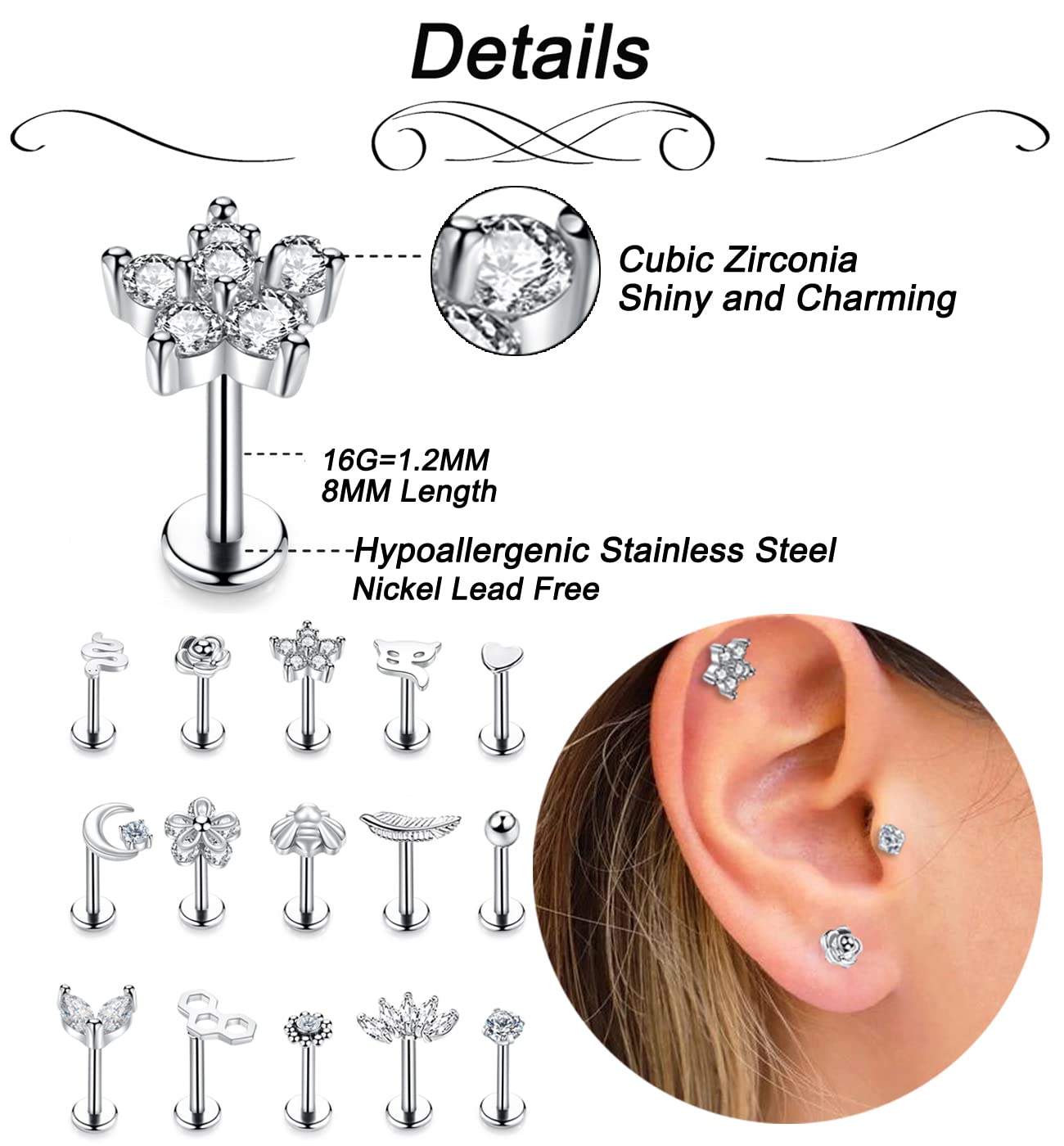 NICEIGHT 15PCS 16G 316L Stainless Steel Cartilage Earring Stud Internal Thread CZ Flower Moon Labret Studs Tragus Helix Monroe Piercing Jewelry Silver