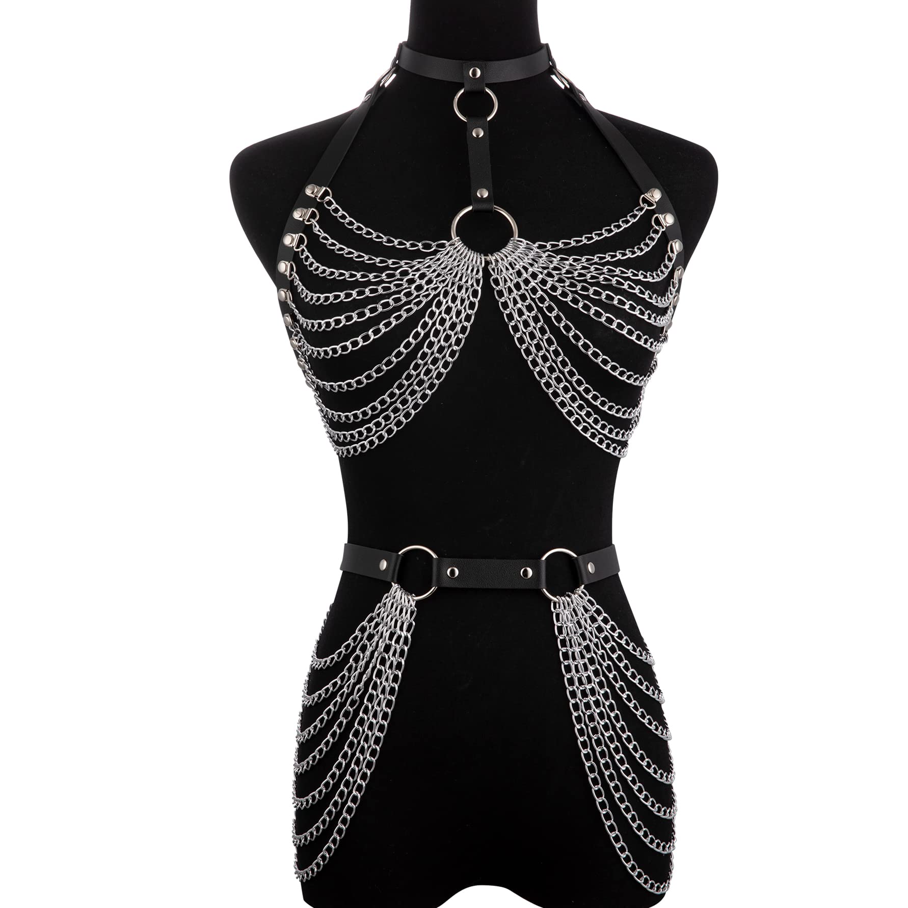 NICEIGHT Punk Leather Body Chains for Women Layered Waist Belly Chain Belt Black Chest Chain Gothic Party Rave Body Jewelry