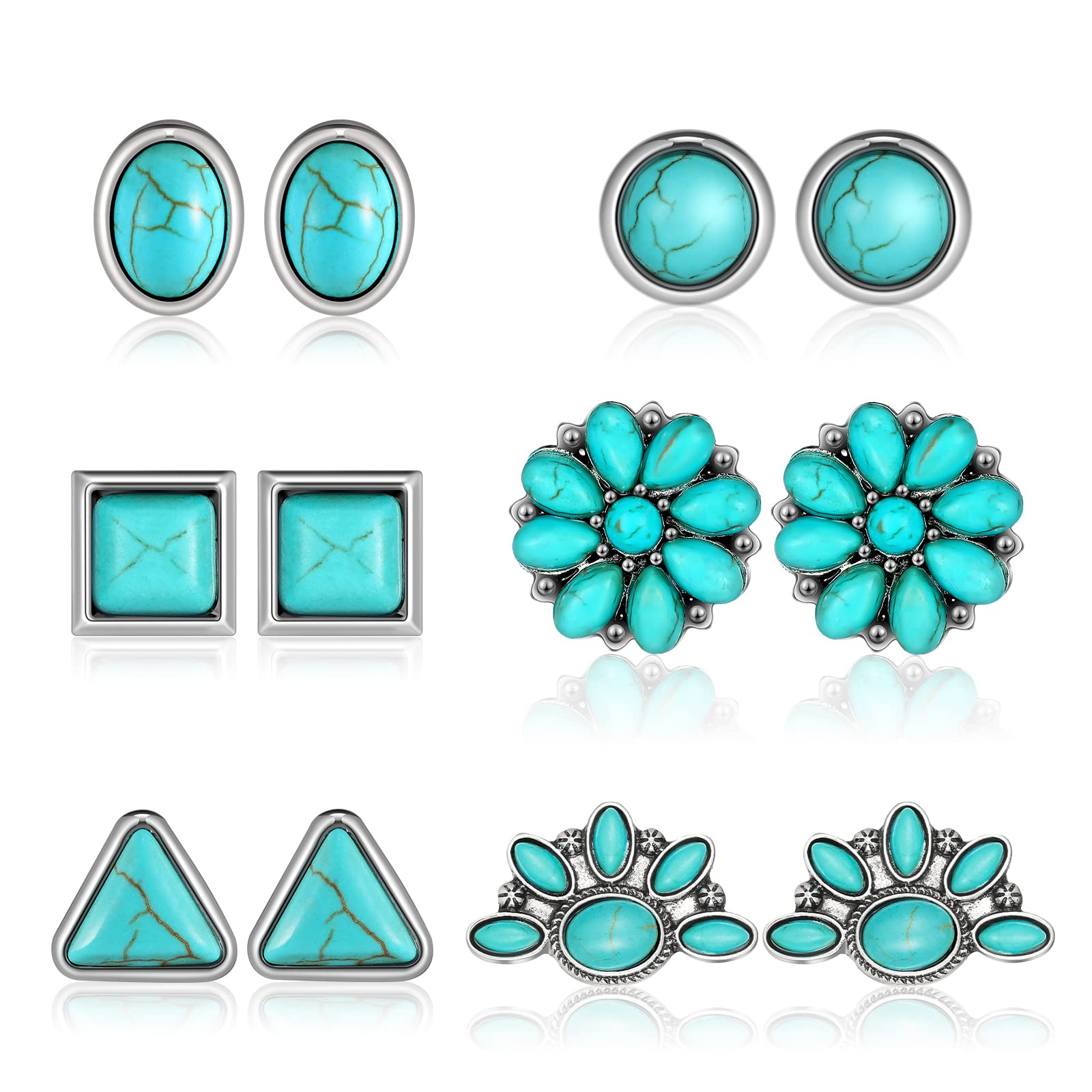 BBTO 6 Pairs Turquoise Stud Earrings Small Geometric Oval Round Flower Earrings Gemstone Cut Shape Square Studs Turquoise Jewelry (Classic Style)