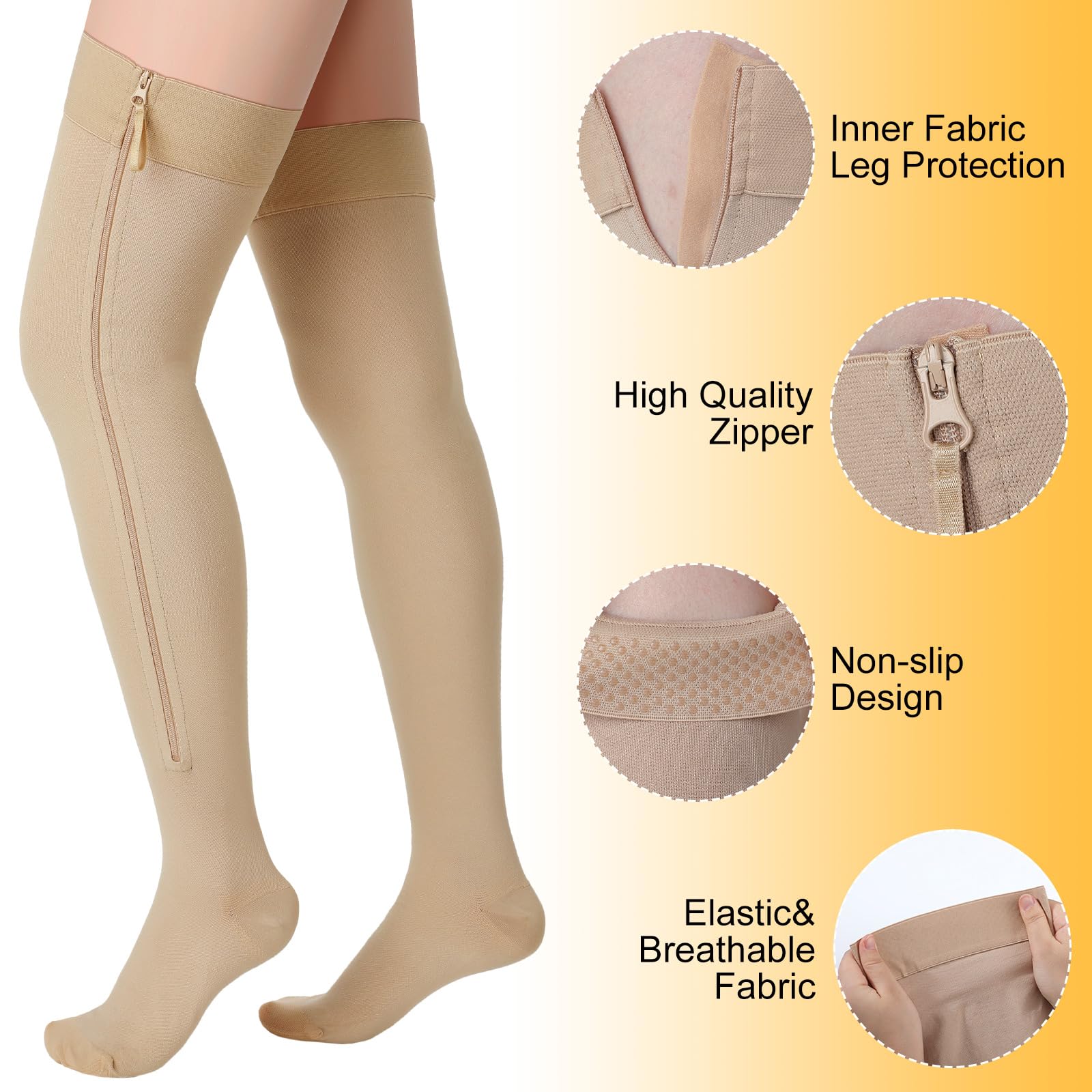 Sosation 2 Pairs Zipper Compression Socks Thigh High 20-30 mmHg Compression Socks Closed Toe Thigh High Compression Stockings (Beige,Medium)