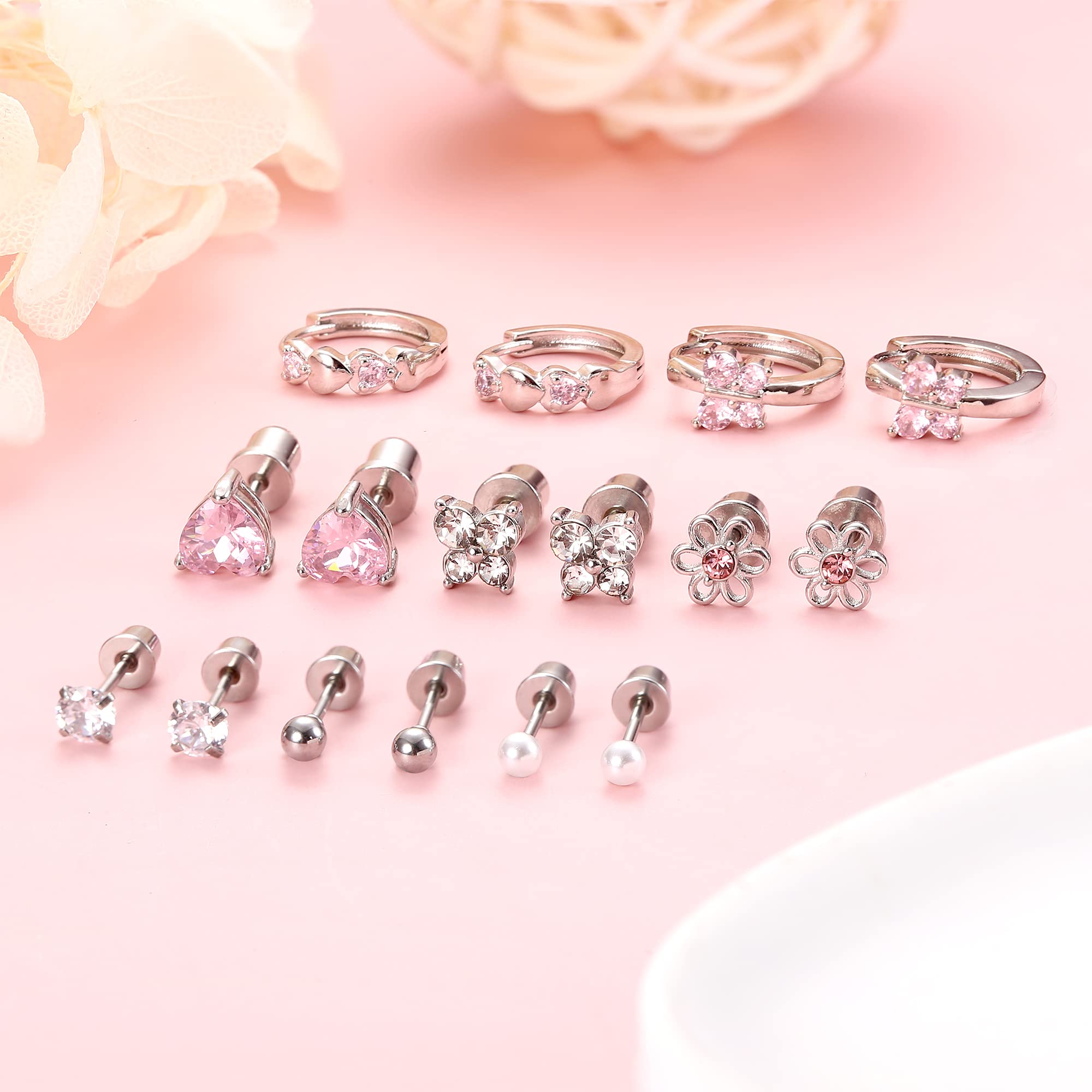 Florideco 8Pairs Hypoallergenic Screwback Earrings Women Silver Huggie Hoop Earrings Surgical Steel Tiny Stud Earrings Pink Colorful CZ Screw Back Earrings Set for Sensitive Ears Butterfly