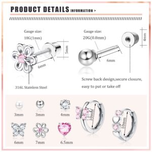 Florideco 8Pairs Hypoallergenic Screwback Earrings Women Silver Huggie Hoop Earrings Surgical Steel Tiny Stud Earrings Pink Colorful CZ Screw Back Earrings Set for Sensitive Ears Butterfly