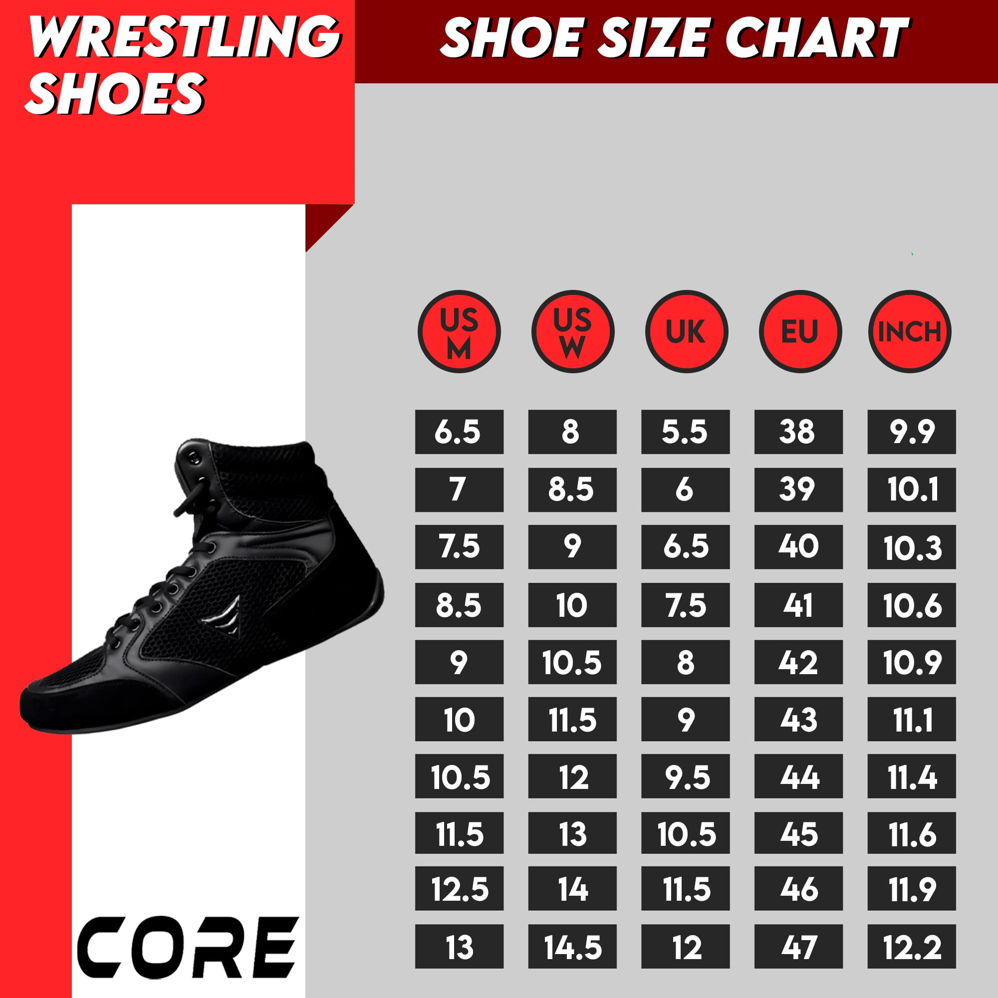 CORE Wrestling Shoes Mat Ace - Lightweight Martial Arts Boxing Shoes - Weightlifting Shoes for Deadlift - for Men and Women Black