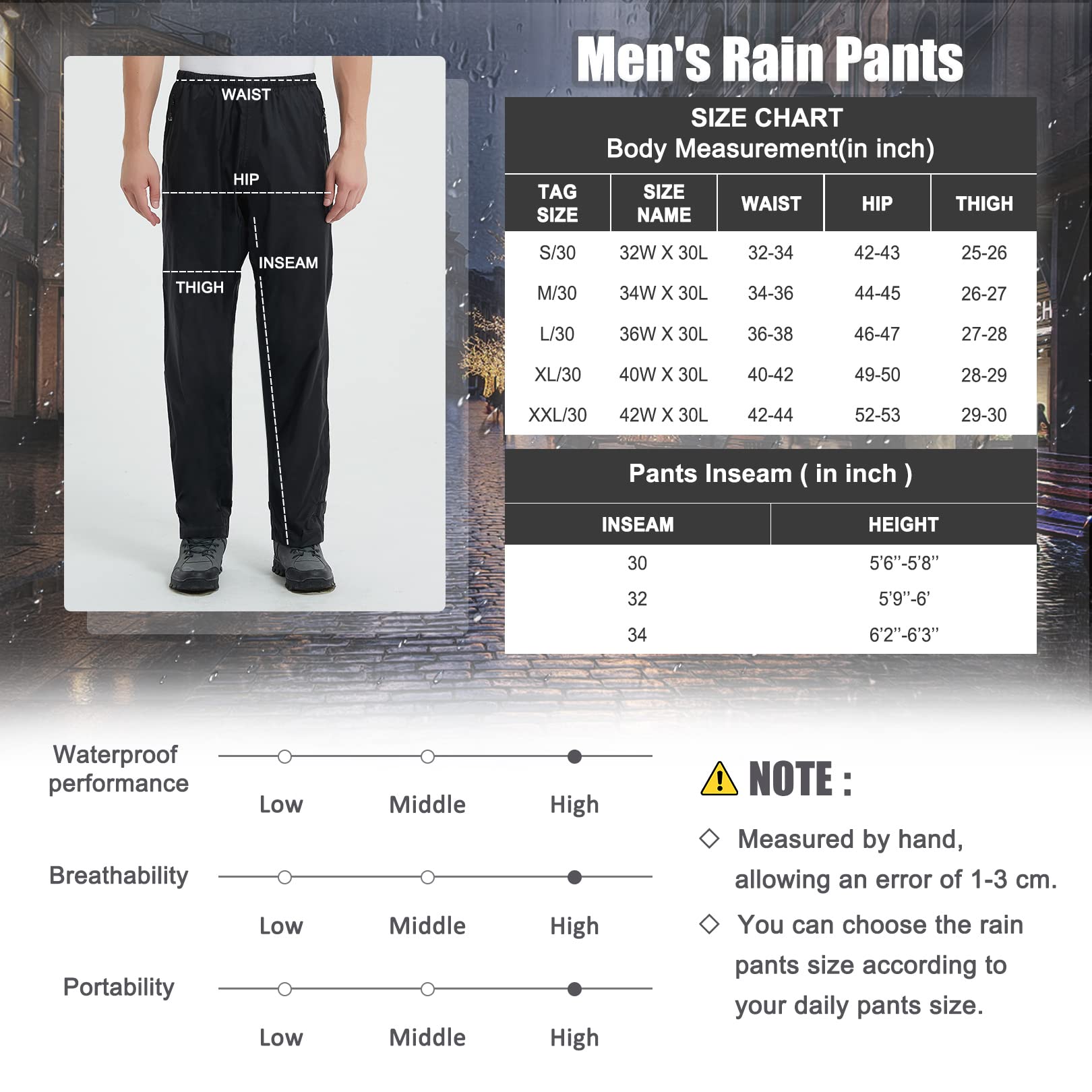 mosingle Men's Rain Pants Lightweight Waterproof Pants Windproof Outdoor Pants for Golf Hiking Fishing Motorcycle Cycling#1088-Black-XL