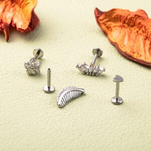 NICEIGHT 15PCS 16G 316L Stainless Steel Cartilage Earring Stud Internal Thread CZ Flower Moon Labret Studs Tragus Helix Monroe Piercing Jewelry Silver