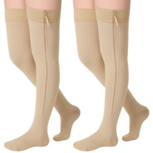 sosation 2 pairs zipper compression socks thigh high 20-30 mmhg compression socks closed toe thigh high compression stockings (beige,medium)