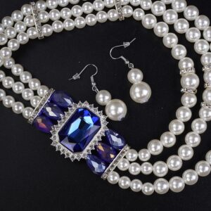 Aimimier 1920s 3-strand White Faux Pearl Necklace and Earrings Set Royal Blue Crystal and Rhinestone Chunky Collar Bib Pearl Statement Necklace