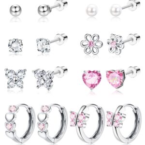 Florideco 8Pairs Hypoallergenic Screwback Earrings Women Silver Huggie Hoop Earrings Surgical Steel Tiny Stud Earrings Pink Colorful CZ Screw Back Earrings Set for Sensitive Ears Butterfly