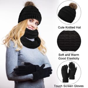 Winter Hat Gloves Scarf Set Women, Knit Pom Beanie Warm Touchscreen Gloves Neck Long Scarf for Women Girls Cold Winter (Black, White)