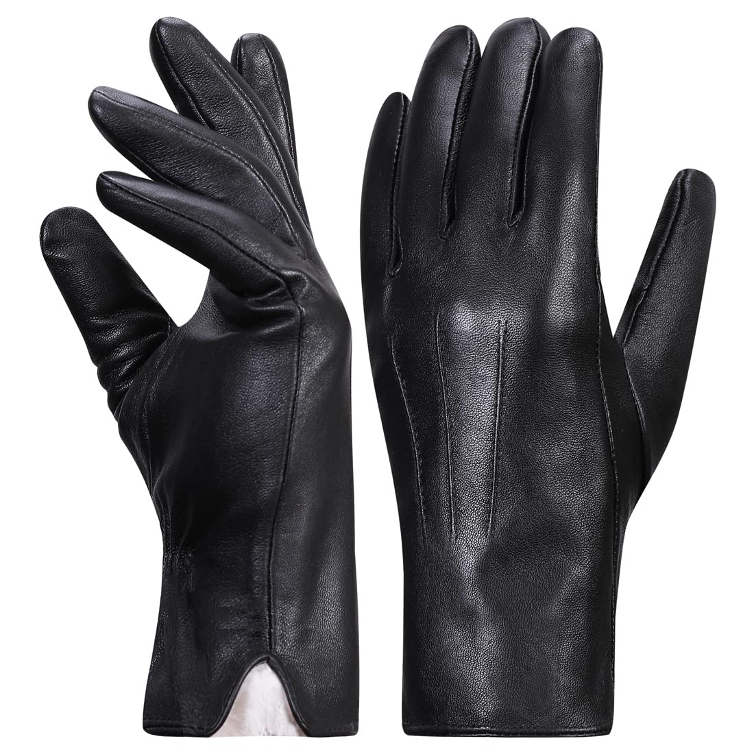 Harssidanzar Leather Gloves for Woman,Winter Rabbit Fur Lined Soft Genuine Leather Gloves KL027, Black,Size M