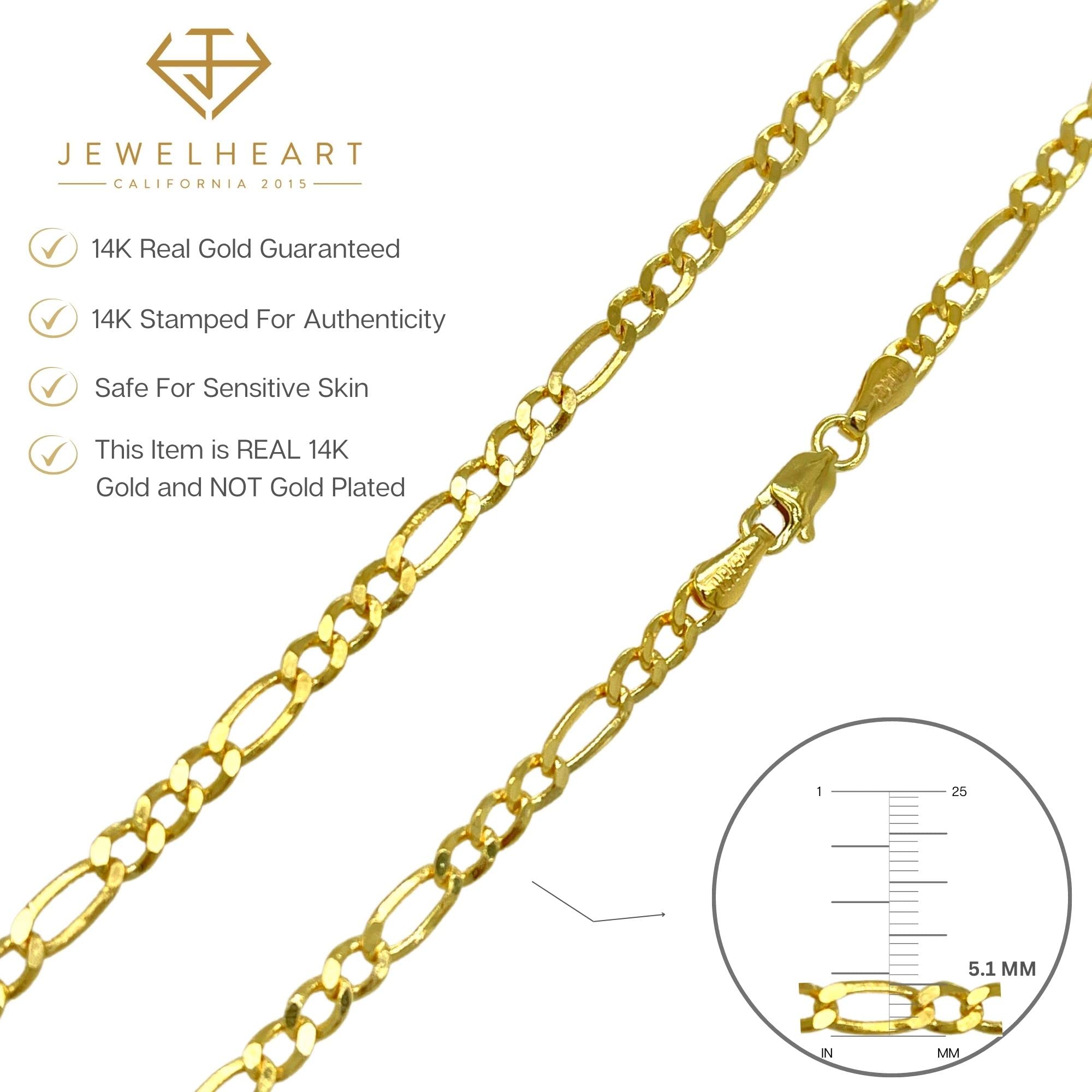 JEWELHEART 14K Real Gold Figaro Chain - 5.1mm Diamond Cut Cuban Link Figaro Necklace For Men - Dainty Yellow Gold Pendant Necklace For Women with Lobster Clasp 18"