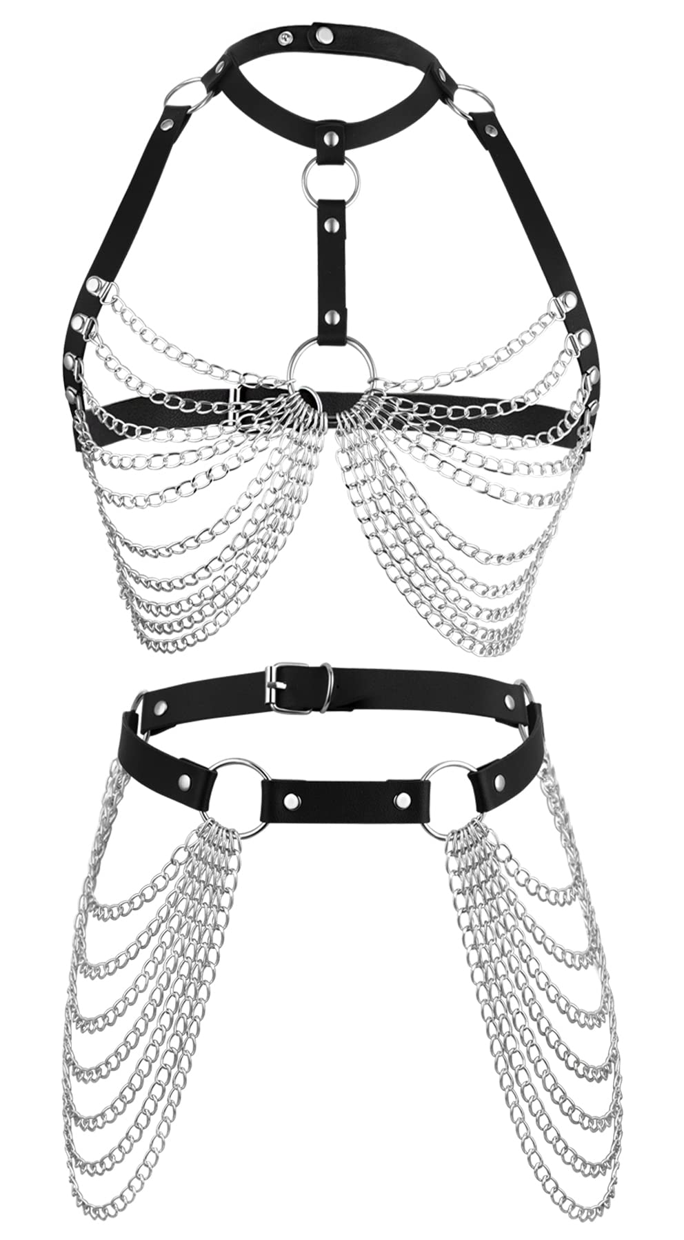 NICEIGHT Punk Leather Body Chains for Women Layered Waist Belly Chain Belt Black Chest Chain Gothic Party Rave Body Jewelry