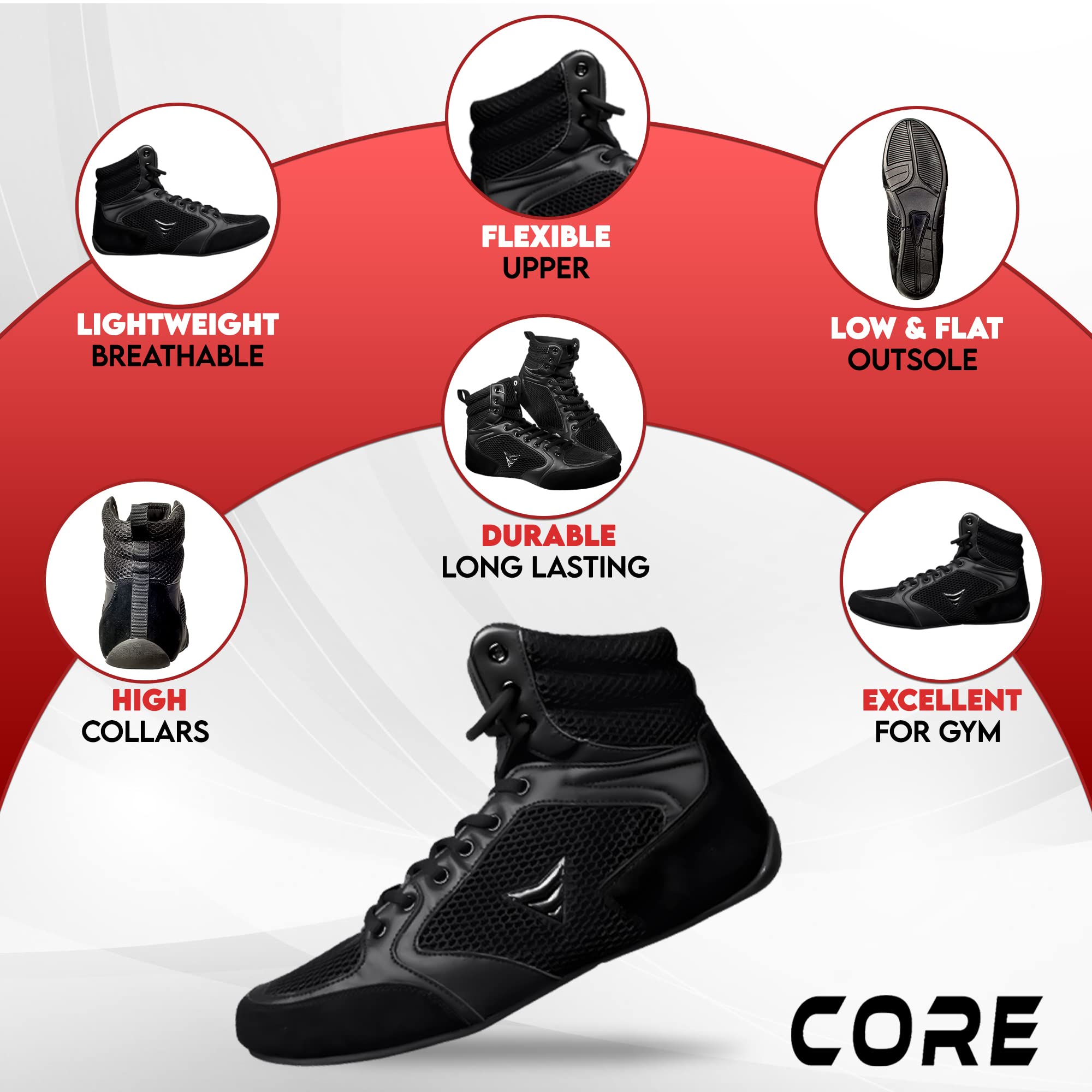 CORE Wrestling Shoes Mat Ace - Lightweight Martial Arts Boxing Shoes - Weightlifting Shoes for Deadlift - for Men and Women Black