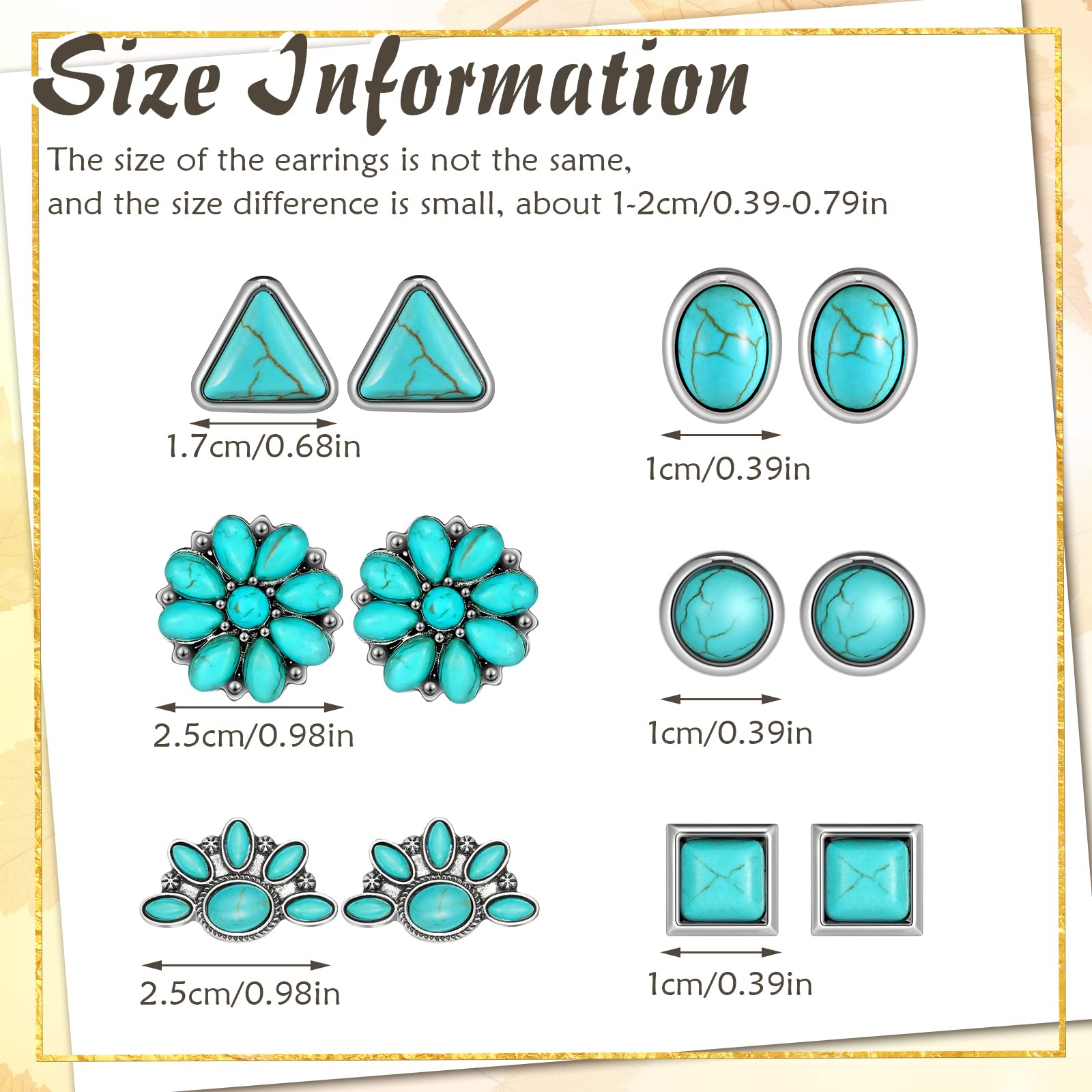 BBTO 6 Pairs Turquoise Stud Earrings Small Geometric Oval Round Flower Earrings Gemstone Cut Shape Square Studs Turquoise Jewelry (Classic Style)