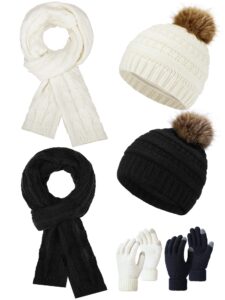 winter hat gloves scarf set women, knit pom beanie warm touchscreen gloves neck long scarf for women girls cold winter (black, white)