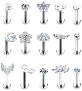 niceight 15pcs 16g 316l stainless steel cartilage earring stud internal thread cz flower moon labret studs tragus helix monroe piercing jewelry silver