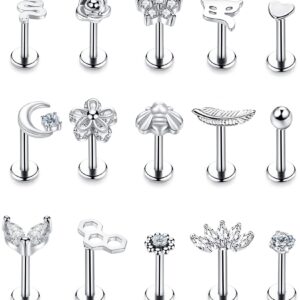 NICEIGHT 15PCS 16G 316L Stainless Steel Cartilage Earring Stud Internal Thread CZ Flower Moon Labret Studs Tragus Helix Monroe Piercing Jewelry Silver