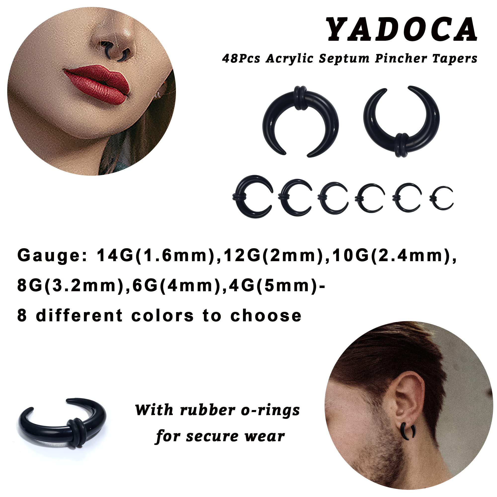 YADOCA 48Pcs Acrylic Septum Stretching Kit 14G 12G 10G 8G 6G 4G Septum Ring C Shape Buffalo Pincher Septum Gauge Kit Piercing Jewelry With Black O-Rings For Stretching Pierced Nose Ear Cartilage