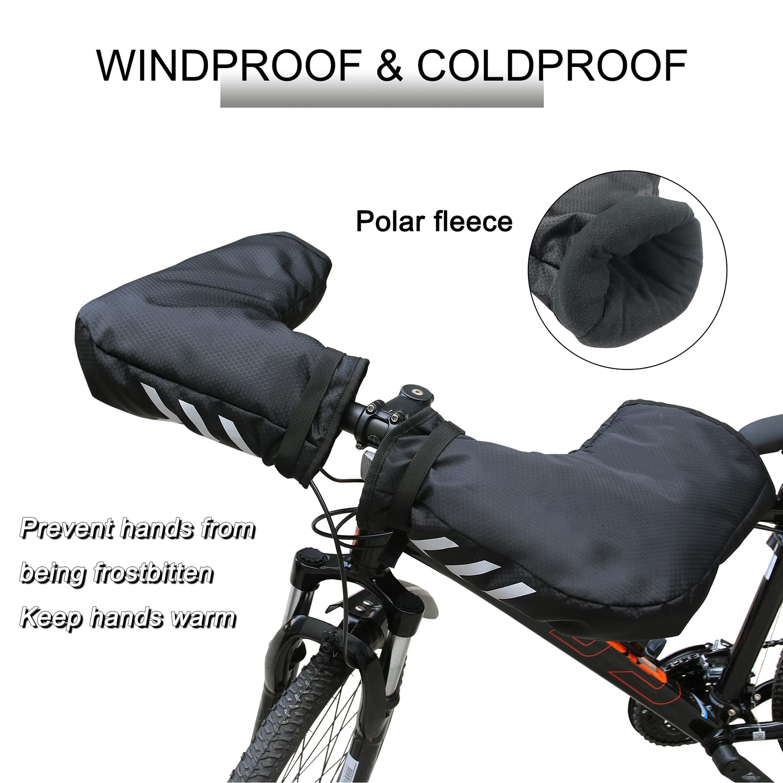 Bike Handlebar Mitts, Waterproof Bicycle Bar Warmer Covers with Fleece Liner,Cold Weather Mountain Gloves Zipper Pocket,Windproof Commuter MTB Motor End Mitts Cycling Gloves, Black, 23.6x8.7x6.3 inch