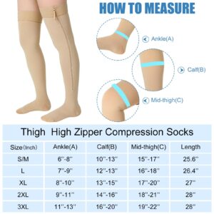 Sosation 2 Pairs Zipper Compression Socks Thigh High 20-30 mmHg Compression Socks Closed Toe Thigh High Compression Stockings (Beige,Medium)