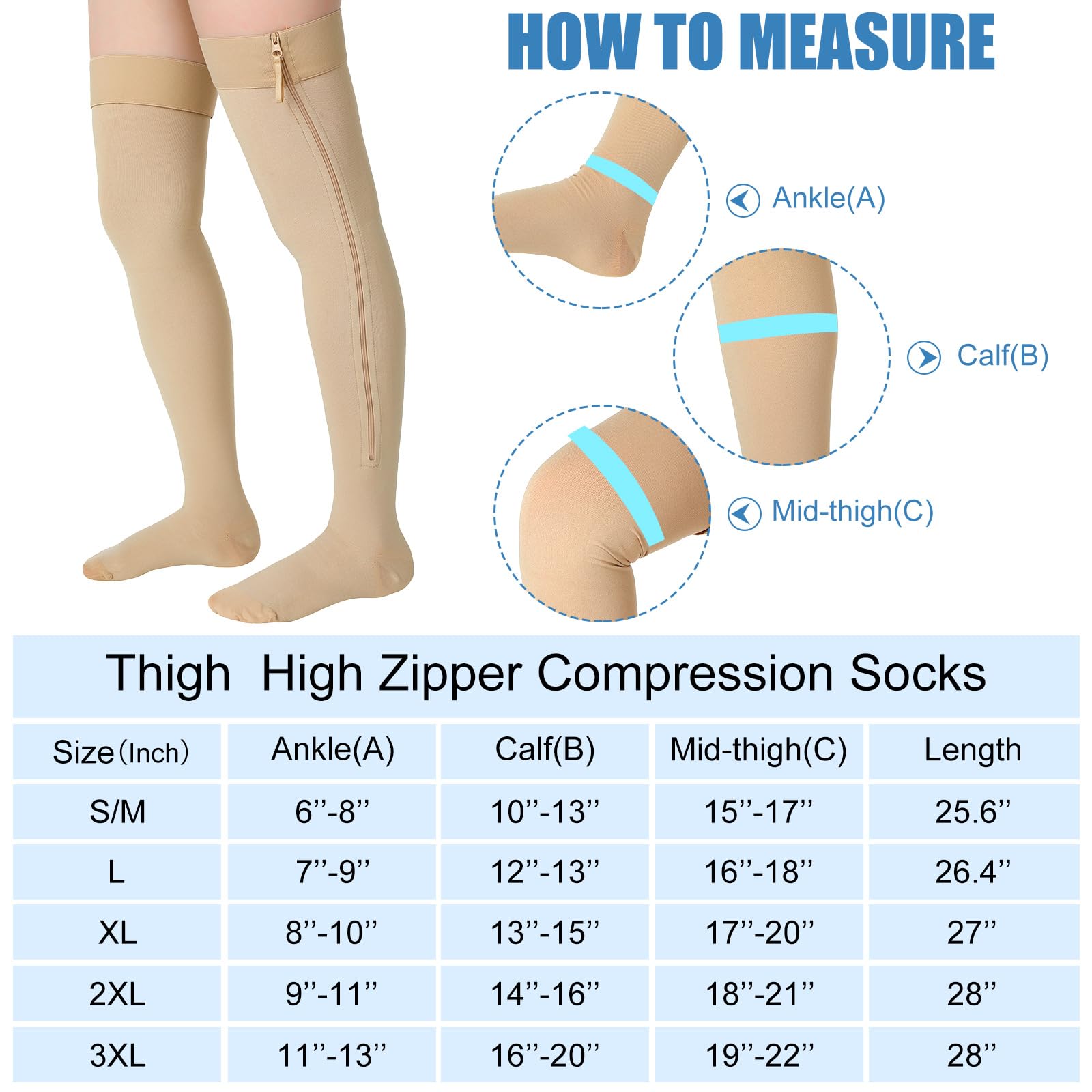 Sosation 2 Pairs Zipper Compression Socks Thigh High 20-30 mmHg Compression Socks Closed Toe Thigh High Compression Stockings (Beige,Medium)