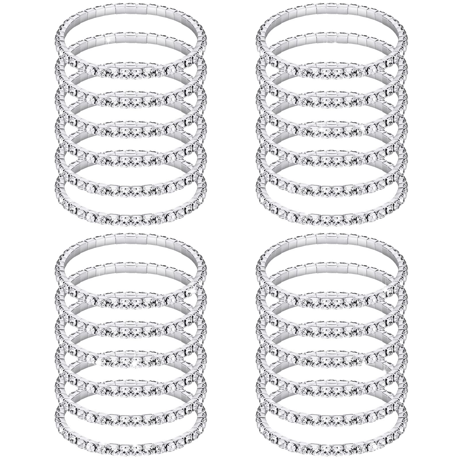 Kajaia 24 Pcs Rhinestone Bracelets for Women Silver Stretch Bracelets Stackable Crystal Tennis Bracelet Set for Jewelry Party Anniversary Bridal Wedding 2.13 Inch