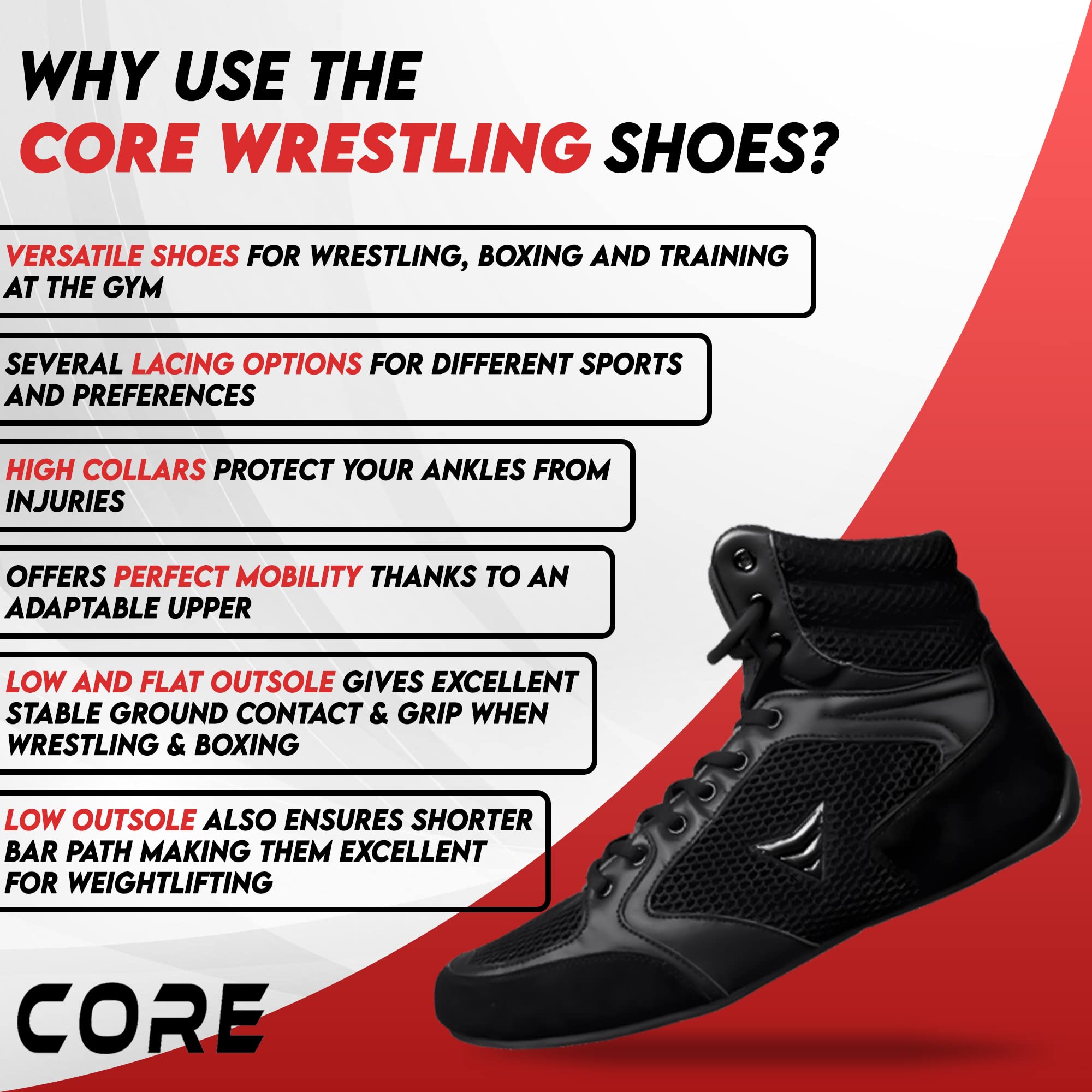 CORE Wrestling Shoes Mat Ace - Lightweight Martial Arts Boxing Shoes - Weightlifting Shoes for Deadlift - for Men and Women Black