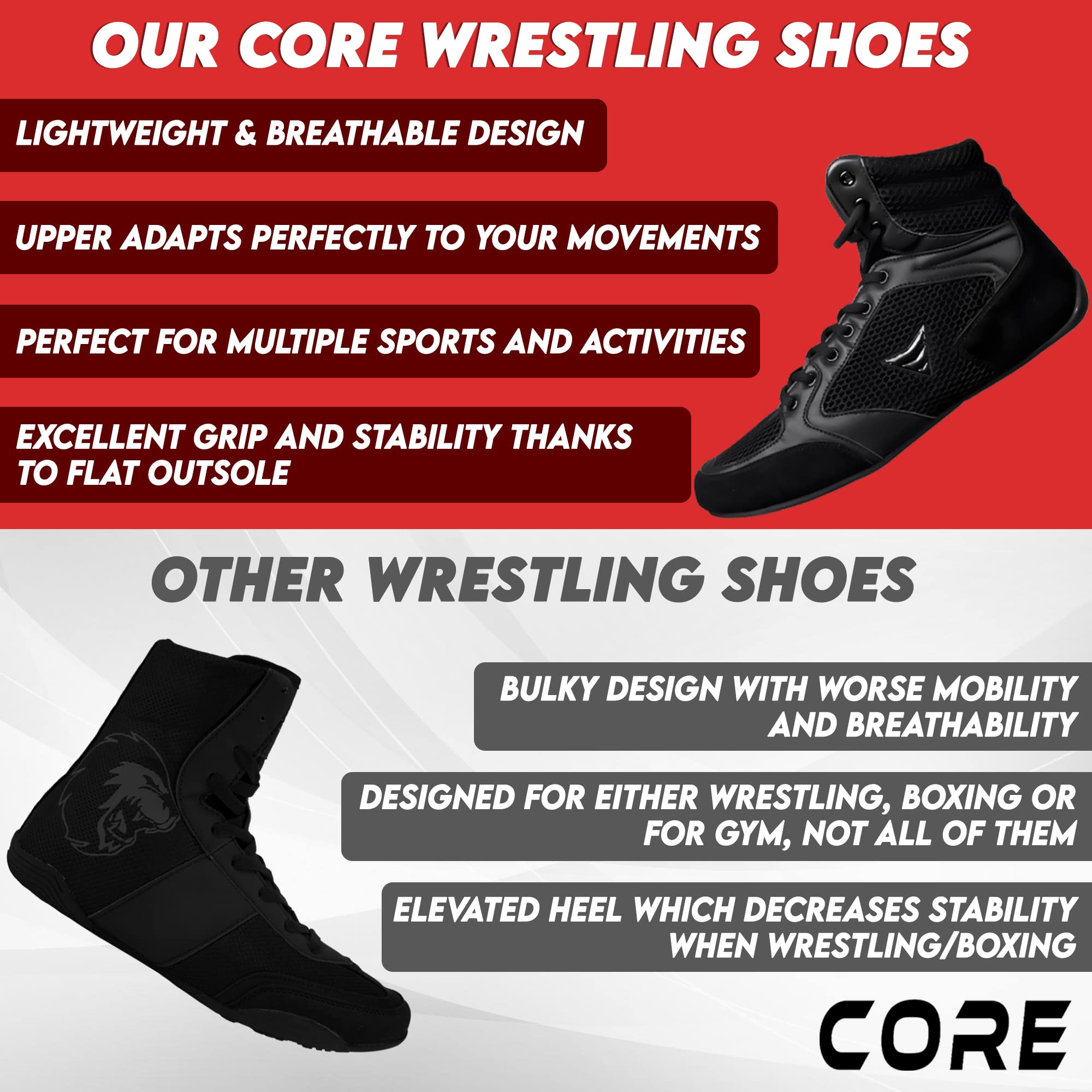 CORE Wrestling Shoes Mat Ace - Lightweight Martial Arts Boxing Shoes - Weightlifting Shoes for Deadlift - for Men and Women Black