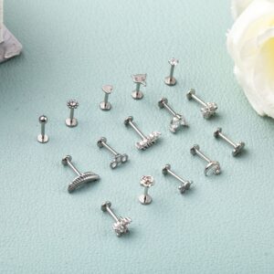 NICEIGHT 15PCS 16G 316L Stainless Steel Cartilage Earring Stud Internal Thread CZ Flower Moon Labret Studs Tragus Helix Monroe Piercing Jewelry Silver