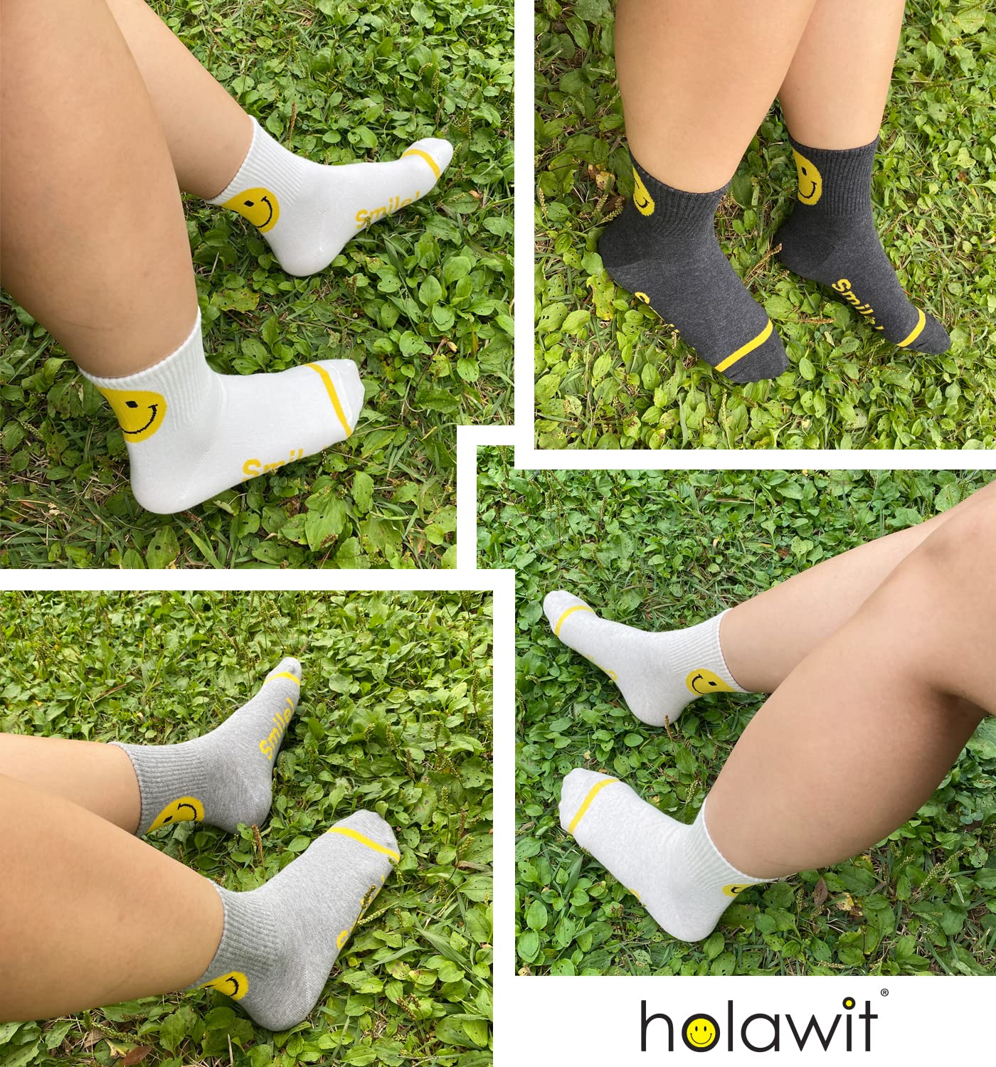 holawit Happy Face Fun Design Positive Smile Back Point Quarter Socks 4P Set