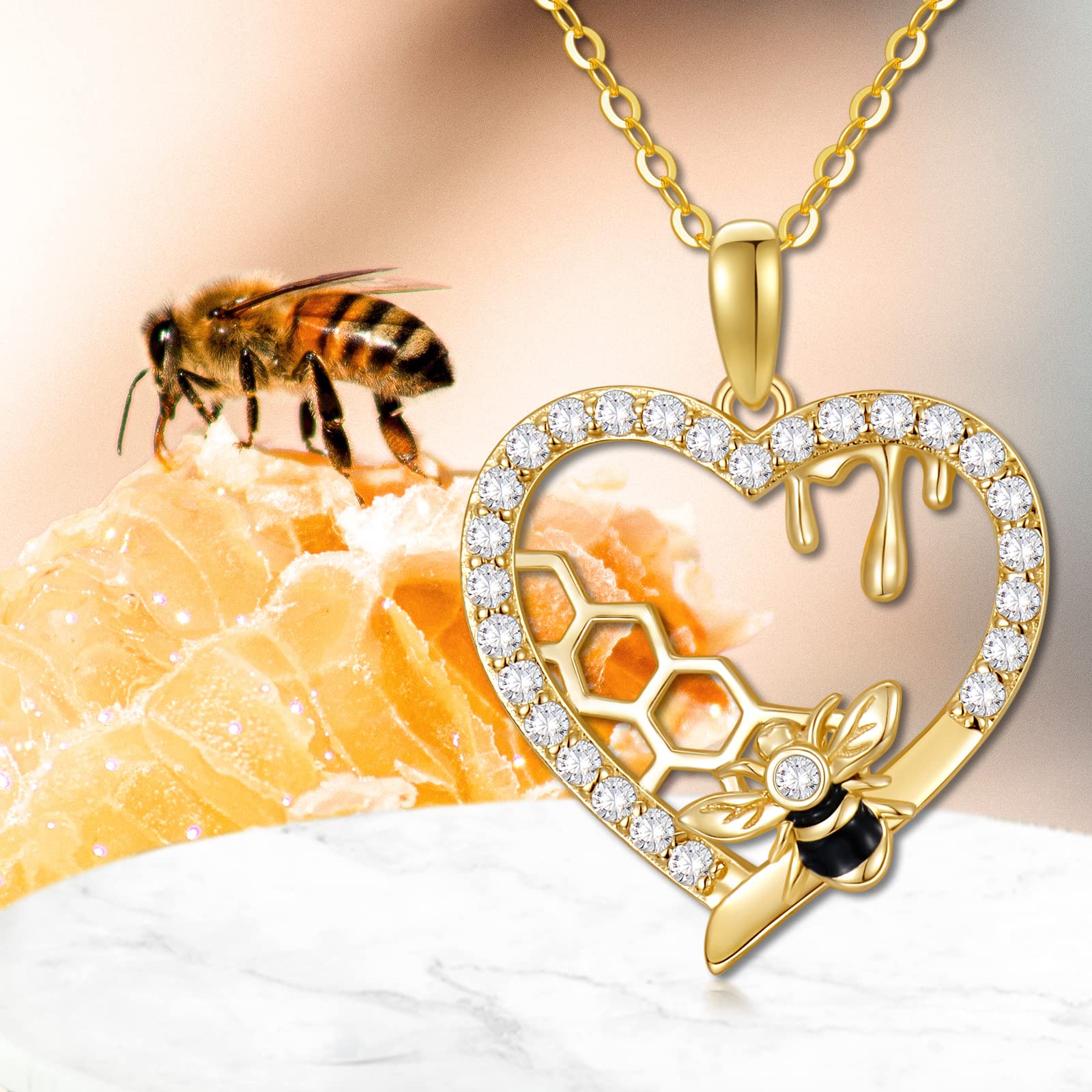 KECHO Gold Bee Necklace Gifts for Mom Women 14k Yellow Gold Honeycomb Honey Bee Pendant Necklaces Love Heart Jewelry Gifts for Women Her Wife