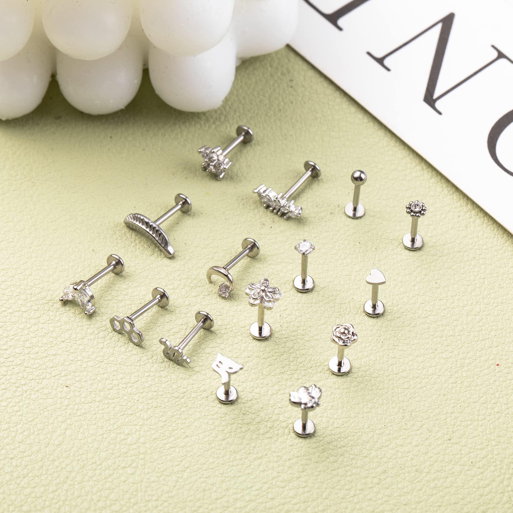 NICEIGHT 15PCS 16G 316L Stainless Steel Cartilage Earring Stud Internal Thread CZ Flower Moon Labret Studs Tragus Helix Monroe Piercing Jewelry Silver