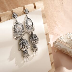 YERTTER Indian Bells Earrings Silver Bohemian Crystal Layered Bells Earrings Tassel Earrings Vintage Bollywood Jhumka Jhumki Tassel Dangle Ethnic Style Statement Earrings Gift for Women（Style 5）