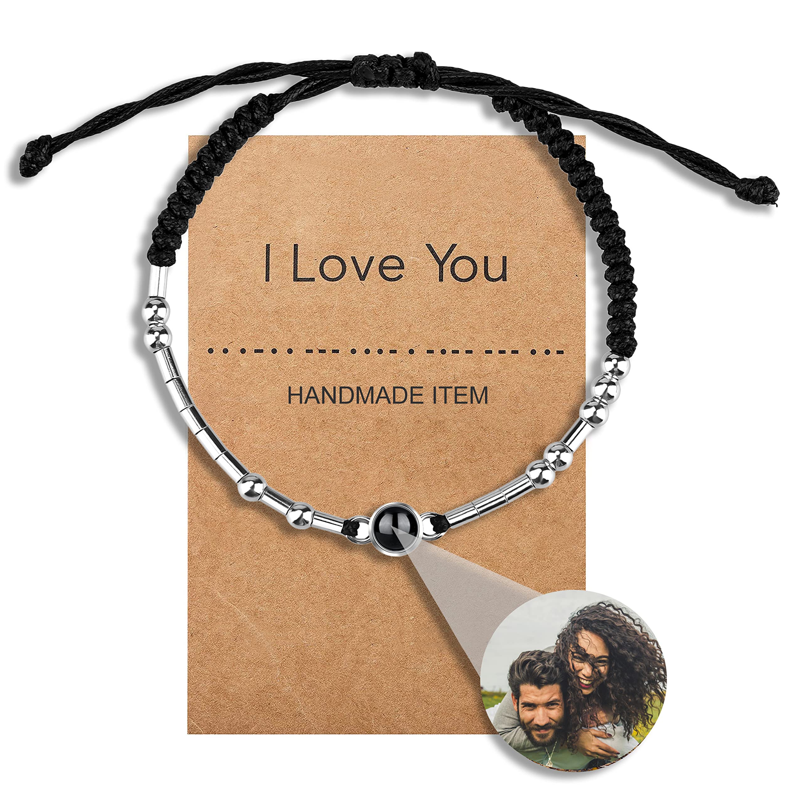 Personalized Photo Bracelets with Picture Inside, Custom Morse Code Picture Bracelets I Love You 100 Languages Projection Adjustable Circle Friendship Bracelet for Women Men Friends Sister Couples