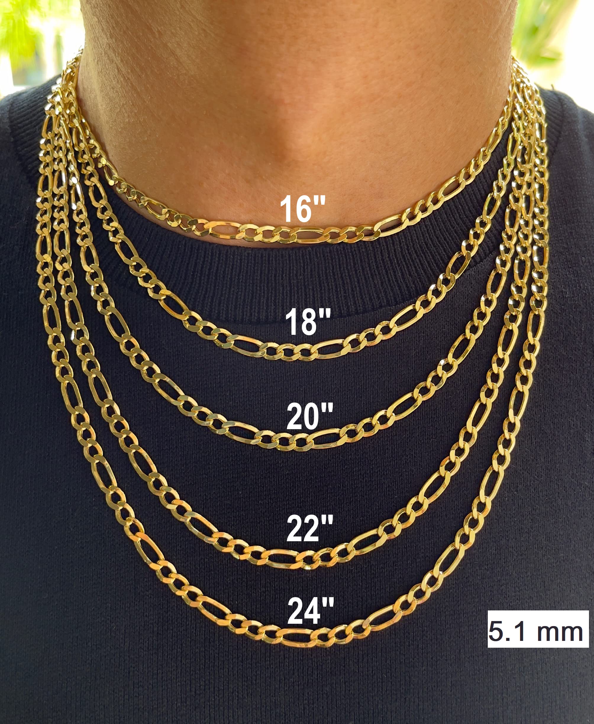 JEWELHEART 14K Real Gold Figaro Chain - 5.1mm Diamond Cut Cuban Link Figaro Necklace For Men - Dainty Yellow Gold Pendant Necklace For Women with Lobster Clasp 18"