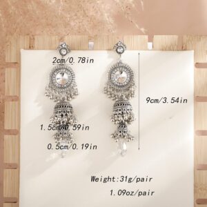 YERTTER Indian Bells Earrings Silver Bohemian Crystal Layered Bells Earrings Tassel Earrings Vintage Bollywood Jhumka Jhumki Tassel Dangle Ethnic Style Statement Earrings Gift for Women（Style 5）