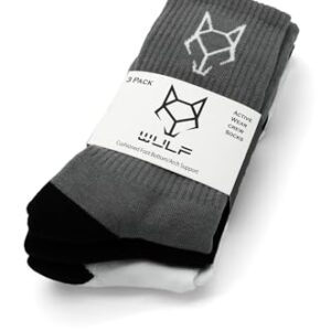 Wulf Wear Men’s Crew Sock in Cotton Cushion, Recreation Moisture Heavy & Active Wear Socks with Seamless Toe in Black, White & Charcoal Color with Pack of 3