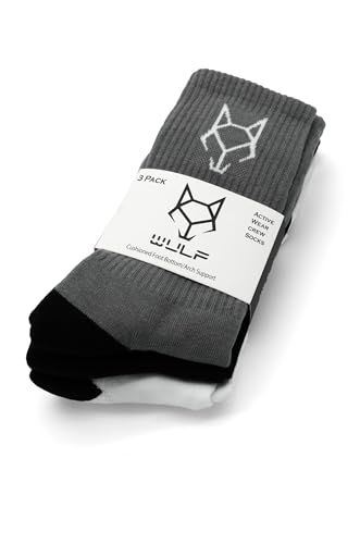 Wulf Wear Men’s Crew Sock in Cotton Cushion, Recreation Moisture Heavy & Active Wear Socks with Seamless Toe in Black, White & Charcoal Color with Pack of 3