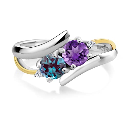 Gem Stone King 1.08 Ct Purple Amethyst Purplish Created Alexandrite 925 Silver and 10K Yellow Gold Ring (Size 9)