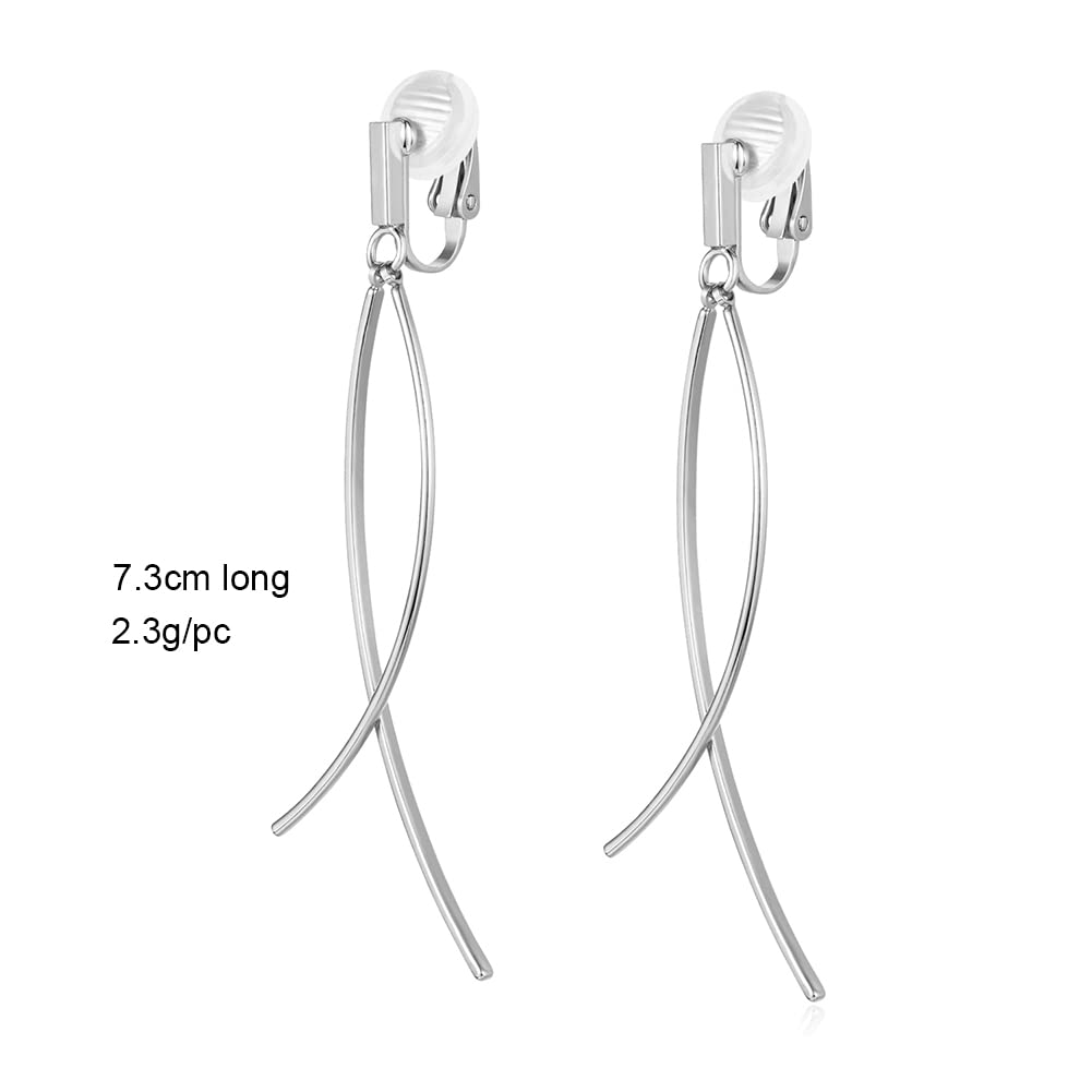 CLASSYZINT Silver Plated Clip On Earrings,2 Pieces Thin Curve Bar,Long Dangle Earrings For Women