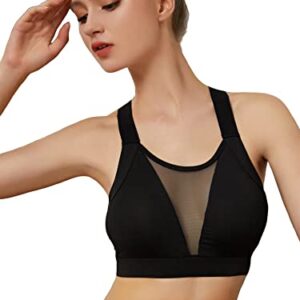 Milumia Women Contrast Mesh Crisscross Back Sports Bra Padded Yoga Workout Bras Crop Tank Tops Black Medium