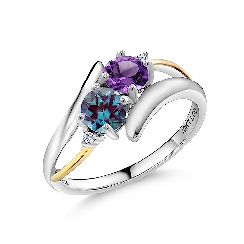 Gem Stone King 1.08 Ct Purple Amethyst Purplish Created Alexandrite 925 Silver and 10K Yellow Gold Ring (Size 9)