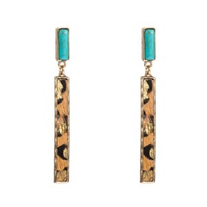 rectangle turquoise dangle earrings for women hypoallergenic gold plated long charms birthstone leopard print faux leather drop dangling stud retro lightweight birthday holiday party jewelry gifts