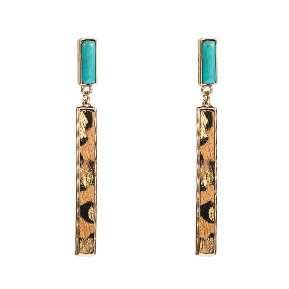 Rectangle Turquoise Dangle Earrings for Women Hypoallergenic Gold Plated Long Charms Birthstone Leopard Print Faux Leather Drop Dangling Stud Retro Lightweight Birthday Holiday Party Jewelry Gifts