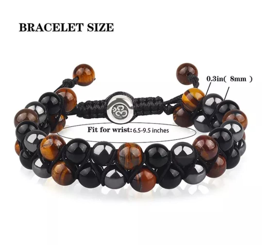 Triple Protection Bracelet, Genuine Tigers Eye Black Obsidian and Hematite 8mm Beads Bracelet for Men Women, Crystal Jewelry Stone Bracelets Bring Luck and Prosperity and Happiness