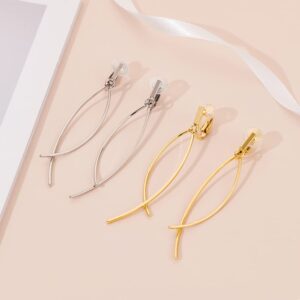 CLASSYZINT Silver Plated Clip On Earrings,2 Pieces Thin Curve Bar,Long Dangle Earrings For Women