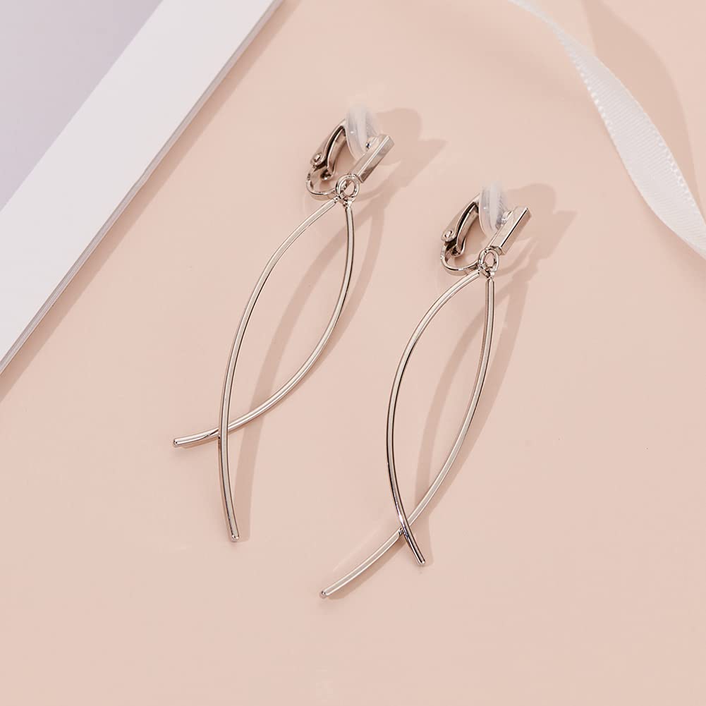 CLASSYZINT Silver Plated Clip On Earrings,2 Pieces Thin Curve Bar,Long Dangle Earrings For Women