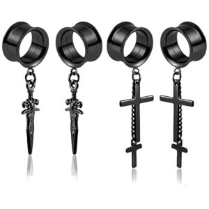 atomhole 3 pair ear gauges cool design hypoallergenic 316 stainless steel dangle ear plugs tunnels stretcher piercing body jewelry (6mm(2g), black)