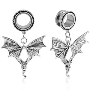 Atomhole 2 PCS Bat Dangle Ear Gauges Hypoallergenic Ear Plugs Tunnels 316 Stainless Steel Ear Expander Stretcher Piercing Body Jewelry Pair Selling 2g 0g (8mm(0G), Silver)